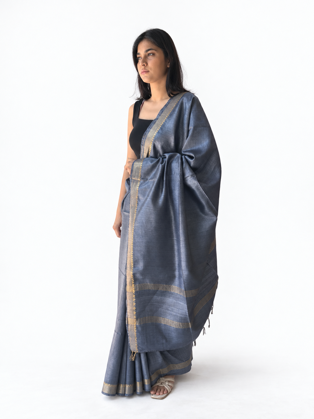 Tassar silk saree silver