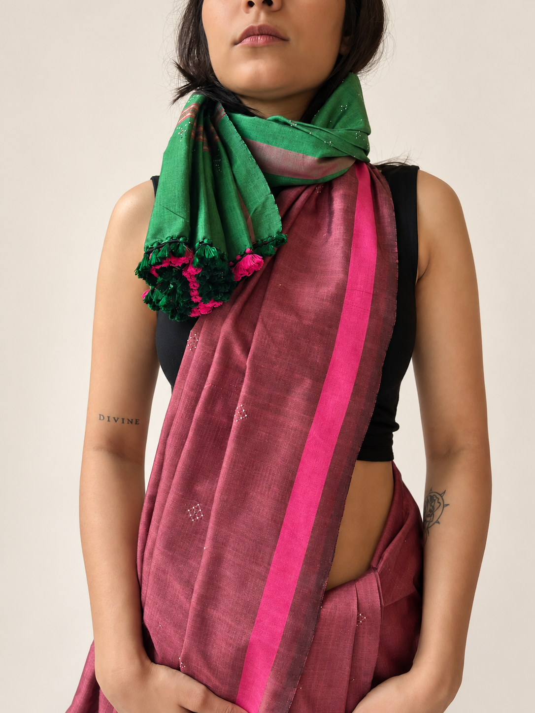 Tangaliya Saree rose pink and green
