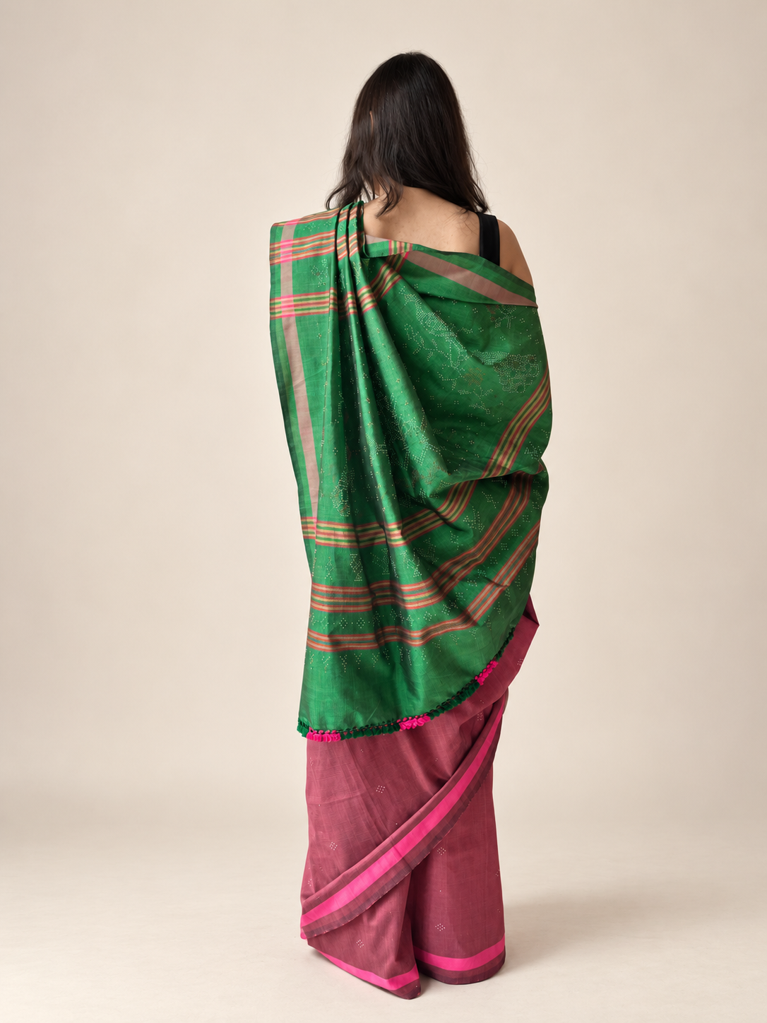 Tangaliya Saree rose pink and green